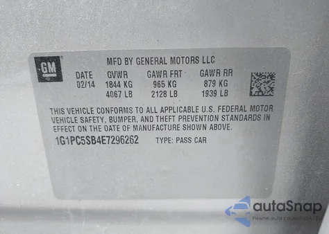 2014 Chevrolet Cruze 1Lt Auto z USA, uszkodzony, nr VIN 1G1PC5SB4E7296262